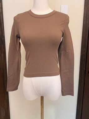 Happily Grey Classic Long Sleeve Crewneck Cropped Top in Brown